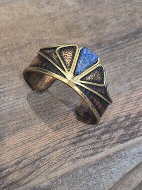 Vtg Chile Boho Chic Genuine Lapis Lazuli Gemstone Two Tone Copper Cuff Bracelet